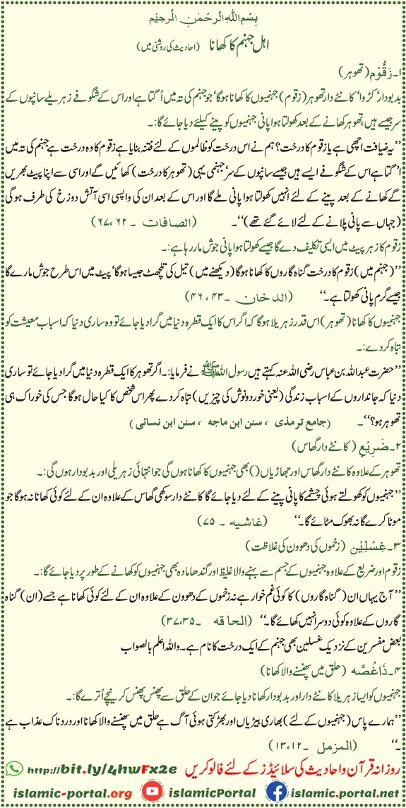 Ahl e jahannam ka khana zaqqum daree ghislin quran hadith ki roshni mein