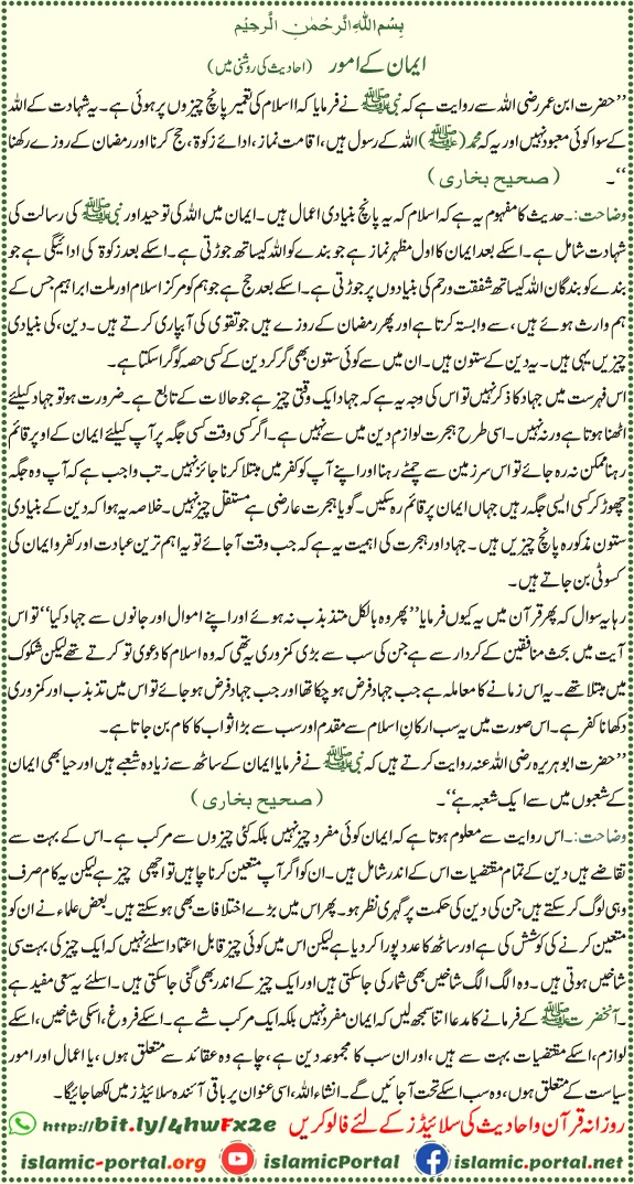 arkan e islam aur shoba e iman hadith ki roshni mein