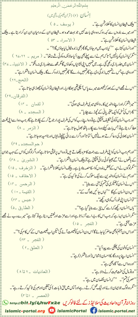 Quranic verses about mankind, Shaytan’s enmity, human weakness, trials, and accountability in Islam