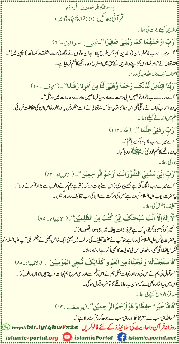 Qurani duaen Qur’an ki roshni mein — walidain ke liye dua (Surah Al-Isra 17:24), ilm ki dua (Surah Ta-Ha 20:114), bemari aur mushkil ki dua (Surah Al-Anbiya 21:83, 21:87-88), safar ki dua (Surah Yusuf 12:64) in roman urdu translation
