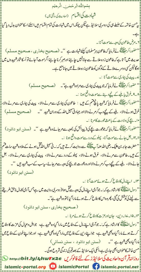 types of martyrdom in islam hadith shahadat ki qisamain