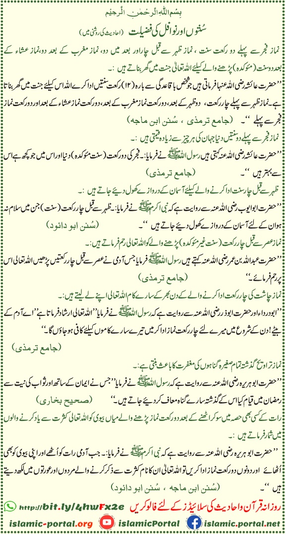 Sunnat nawafil fazilat hadith - Nafl aur sunnat namazon ke ajar ka bayan, Sahih Bukhari Tirmizi